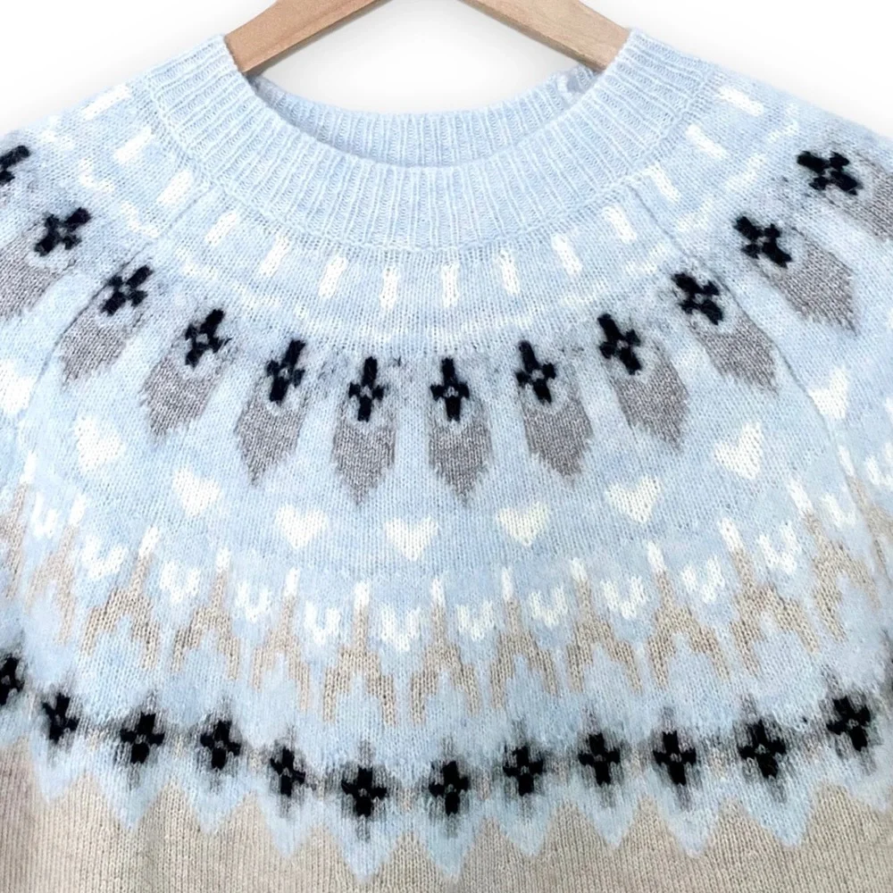 27 Miles Malibu Farida Sweater Fair Isle Cashmere Wool Oatmeal Neutral Crew Neck - Picture 4 of 11